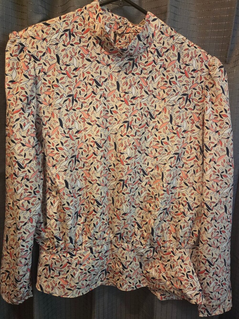 Vintage Apostrophe Banded Hem Blouse Scattered Abstract Dash Print Tan Pink S